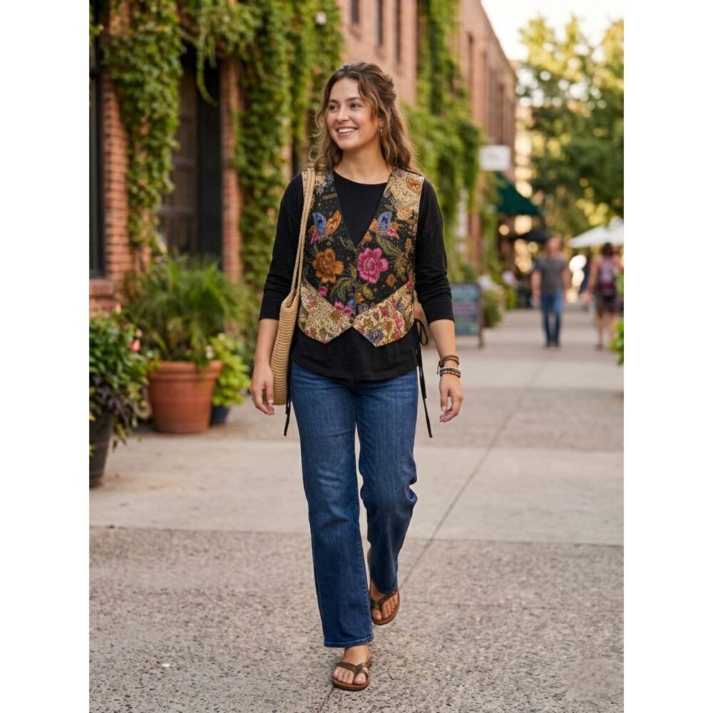 Ana Mori Vintage Floral Butterfly Beaded Cotton Vest All Size Boho Artsy Black